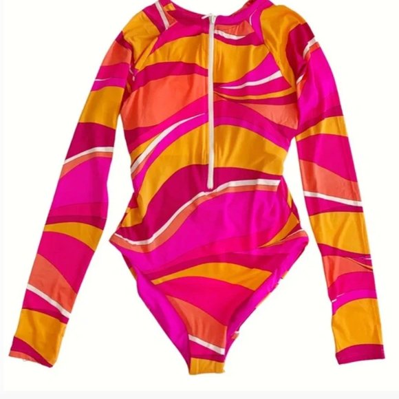 Trina Turk Half Zip Paddle Suit Open Back Swimsuit Rash Guard Vivid Vista - Picture 1 of 3